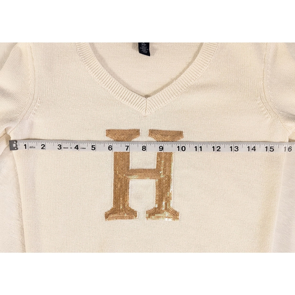 2013 Tommy Hilfiger Sequin Logo 100% Cotton V Neck Knit Sweater Size XS - Picture 7 of 12